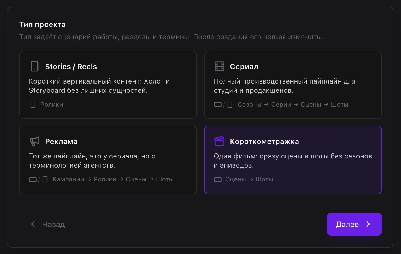 Тип проекта «Короткометражка»