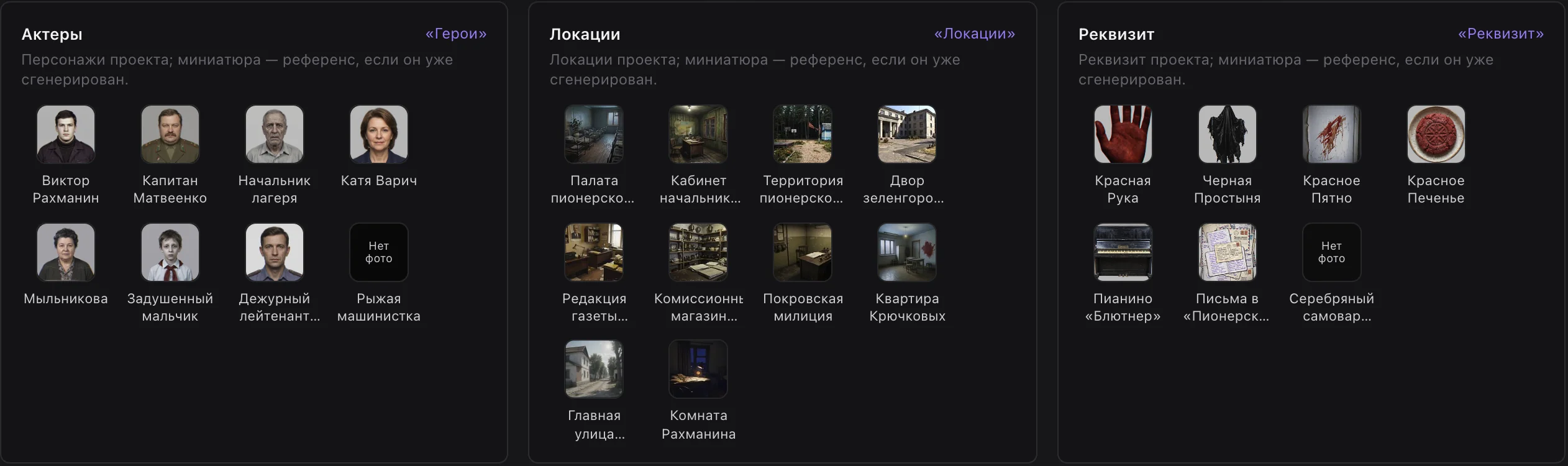 Актеры, локации и реквизит проекта